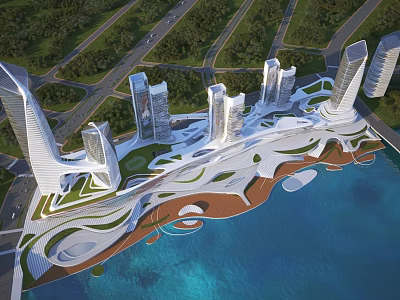 Aerial View Urban Planning with Modern Skyscrapers Coastal Layout Roads and Green Spaces 3d model