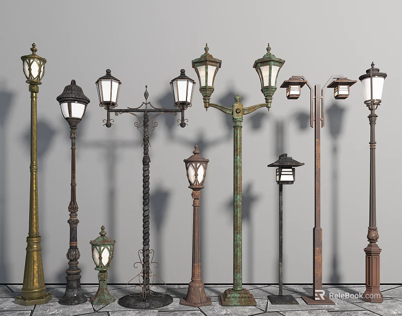 Outdoor Lamps With Various Vintage Designs Different Heights And Multiple Lamp Heads 3d model 
