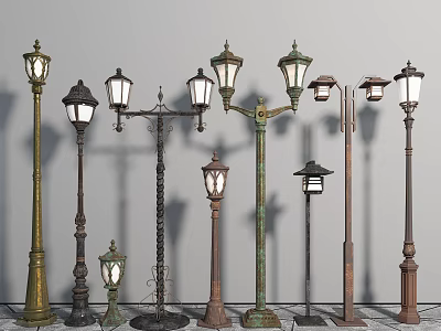 Outdoor Lamps With Various Vintage Designs Different Heights And Multiple Lamp Heads 3d model