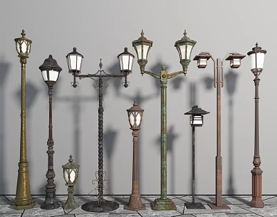 Outdoor Lamps With Various Vintage Designs Different Heights And Multiple Lamp Heads 3d model