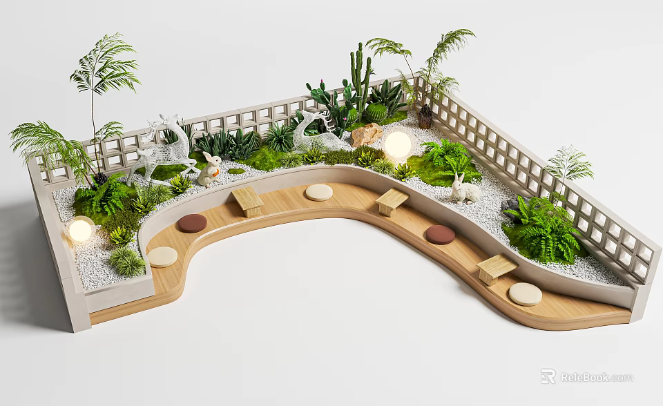 Garden Courtyard With Wooden Curved Path Round Stone Slabs Green Plants Cacti And White Fence 3d model 