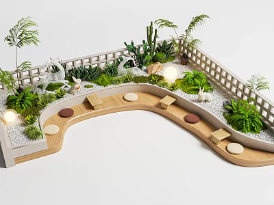 Garden Courtyard With Wooden Curved Path Round Stone Slabs Green Plants Cacti And White Fence 3d model