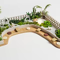 Garden Courtyard With Wooden Curved Path Round Stone Slabs Green Plants Cacti And White Fence
