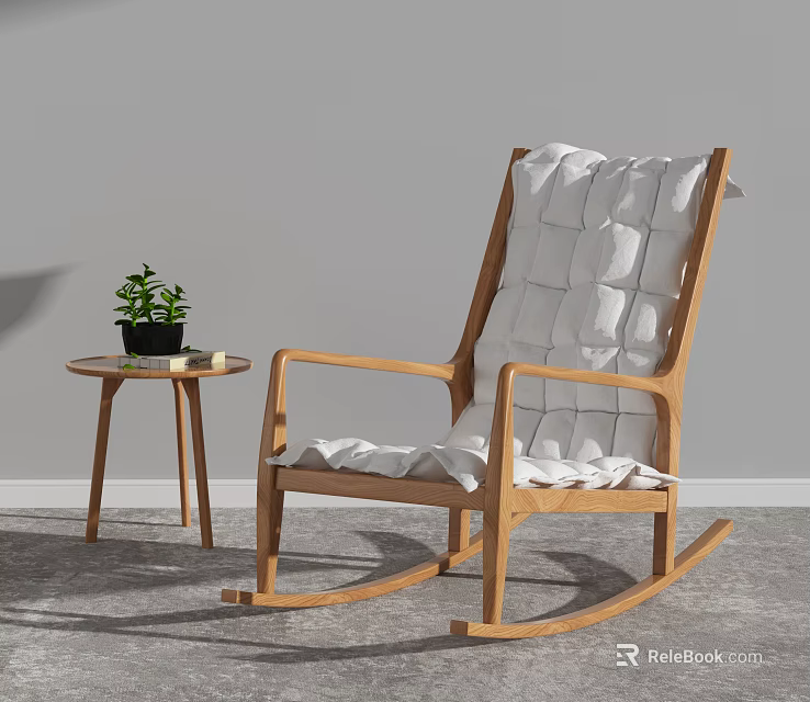 Natural Wooden Rocking Chair with White Woven Cushion and Small Side Table with Green Plant 3d model 
