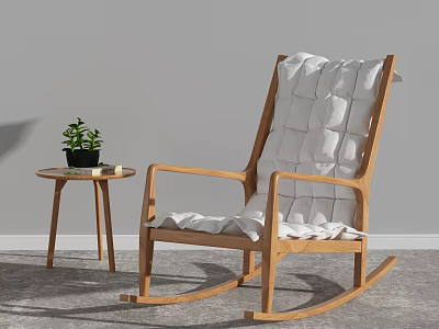 Natural Wooden Rocking Chair with White Woven Cushion and Small Side Table with Green Plant 3d model