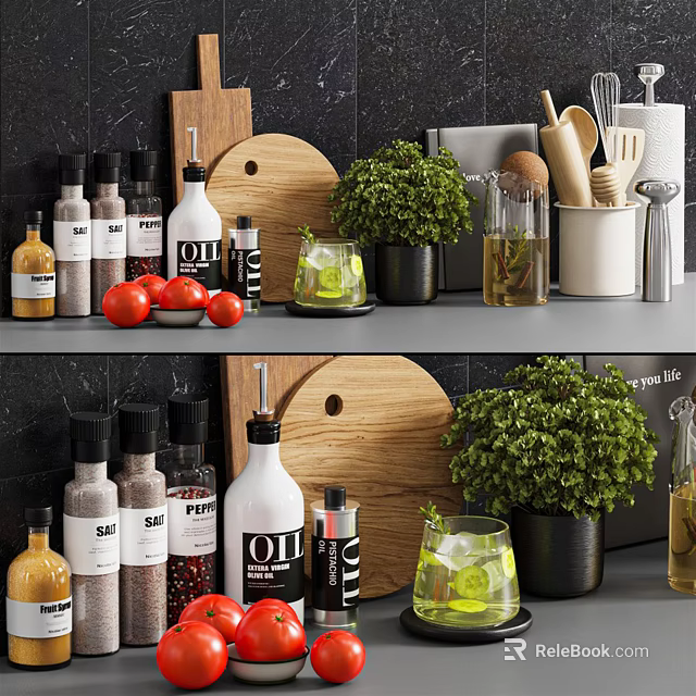 Modern Kitchen Utensils Display With Spice Oil Bottles Wooden Cutting Board And Fresh Herbs 3d model 