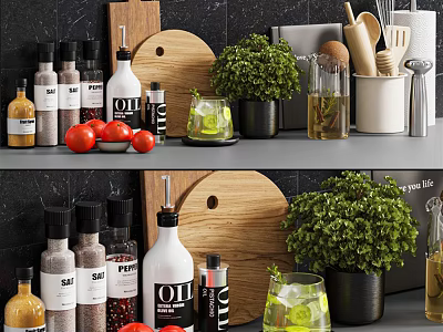 Modern Kitchen Utensils Display With Spice Oil Bottles Wooden Cutting Board And Fresh Herbs 3d model