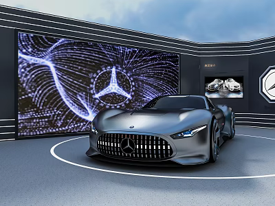 Silver Mercedes Concept Sports Car In Modern Exhibition Hall With Large Screen Logo 3d model