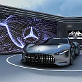 Silver Mercedes Concept Sports Car In Modern Exhibition Hall With Large Screen Logo