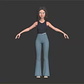 3D Woman with long black hair sleeveless light blue flared pants white shoes outstretched arms