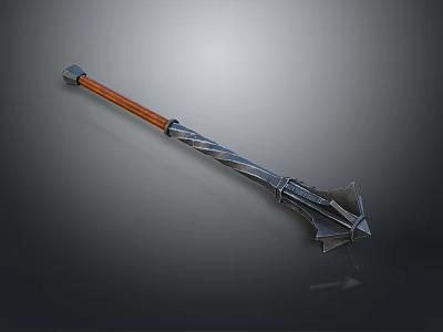 Medieval Fantasy Weapon with Wooden Handle and Ornate Metal Spiked Head Detailed Carvings 3d model