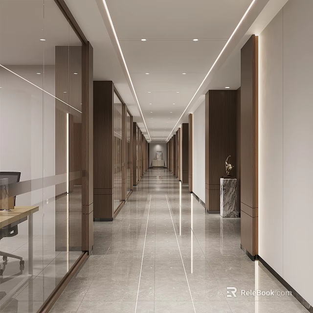 Modern Office Corridor Interior Design With Glass Partitions Wooden Panels And Recessed Lighting 3d model 