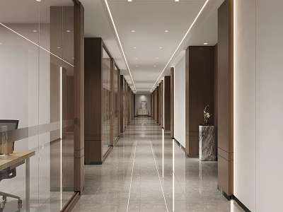Modern Office Corridor Interior Design With Glass Partitions Wooden Panels And Recessed Lighting 3d model