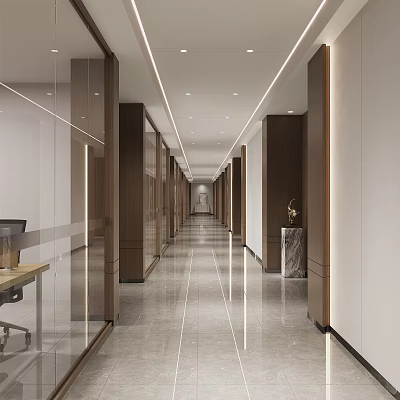 Modern Office Corridor Interior Design With Glass Partitions Wooden Panels And Recessed Lighting 3d model