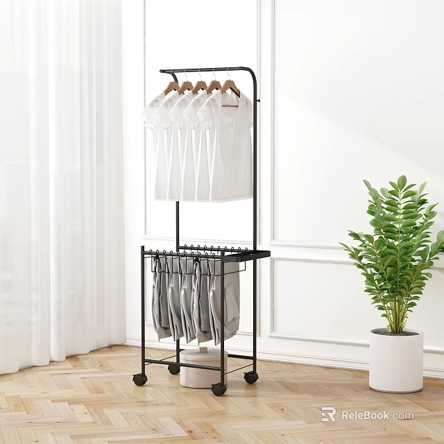 Wheeled Clothes Rack With Hanging White Shirts Trousers And Green Plant Indoor 3d model 