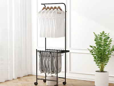 Wheeled Clothes Rack With Hanging White Shirts Trousers And Green Plant Indoor 3d model