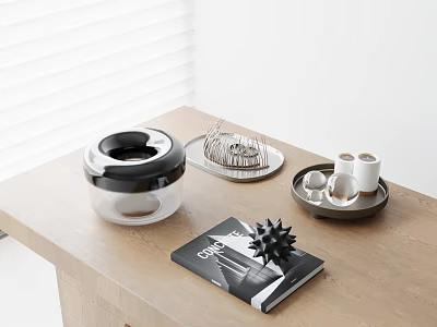 Decorative Ornament Set With Storage Jar Metal Rack Teacup Tray And Spiked Decoration On Magazine 3d model