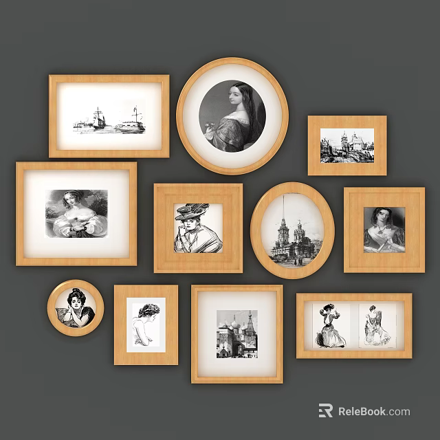 Decorative Photo Wall With Wooden Frames Round Square Shapes And Portrait Architecture Prints 3d model 