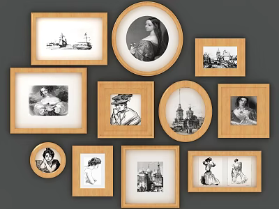 Decorative Photo Wall With Wooden Frames Round Square Shapes And Portrait Architecture Prints 3d model