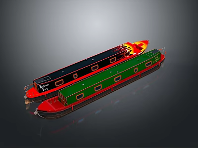 Colorful Water Transport Boats With Red Green Hulls And Flame Design Features 3d model