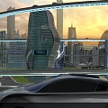 Futuristic Curved Skyscraper With Glass Facade In Modern City Skyline At Sunset