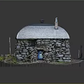 Traditional Stone Cottage Model With Slate Roof Blue Door Chimney And Greenery