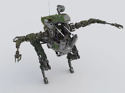 Smart Machine With Multi Legged Mechanical Structure Green Grey Exterior And Robotic Arms 3d model