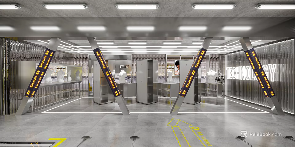 Modern Tech Inspired Clothing Store With Sleek Stainless Steel Interior Design And Exquisite Fashion Displays 3d model 