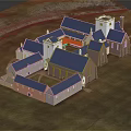 Architectural Model of Historical Buildings Complex With Colored Roofs Courtyard and Grassland Surroundings