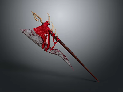 Ornate Red And Golden Axe Weapon With Flame Like Patterns And Long Handle 3d model