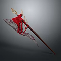 Ornate Red And Golden Axe Weapon With Flame Like Patterns And Long Handle