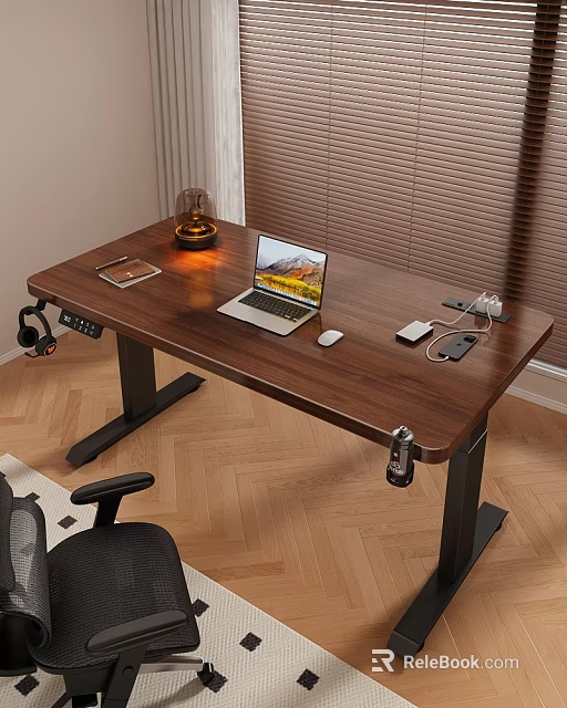 Wooden Computer Desk With Laptop Mouse Phone Headphones Lamp And Black Legs 3d model 