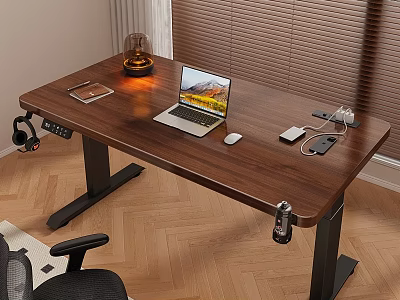 Wooden Computer Desk With Laptop Mouse Phone Headphones Lamp And Black Legs 3d model