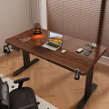 Wooden Computer Desk With Laptop Mouse Phone Headphones Lamp And Black Legs
