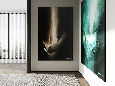 Large Abstract Paintings in Modern Interior With Floor to Ceiling Windows and Rug 3d model