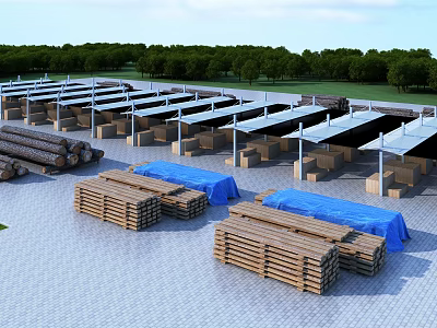 Stacked Stone And Wood Logs Planks In Outdoor Storage Area With Covered Shelters Green Trees Blue Sky 3d model
