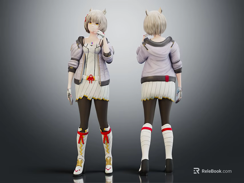Cat Ear Female Character With Purple Jacket White Dress Red Ribbon Stockings Front Back Views 3d model 
