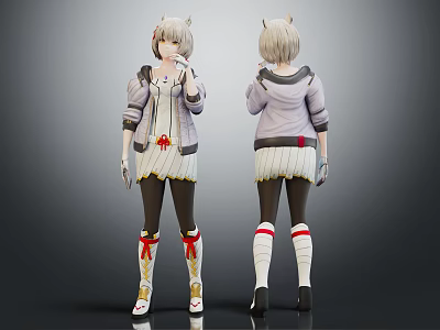 Cat Ear Female Character With Purple Jacket White Dress Red Ribbon Stockings Front Back Views 3d model