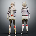 Cat Ear Female Character With Purple Jacket White Dress Red Ribbon Stockings Front Back Views