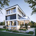 Modern Multi Story Detached Villa With Large Glass Windows And Balconies Surrounded By Greenery
