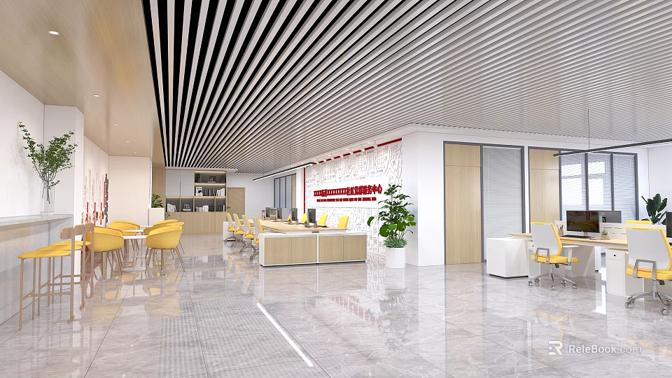Modern Service Hall Interior With Striped Ceiling Reception Desk Yellow Chairs And Green Plants 3d model 