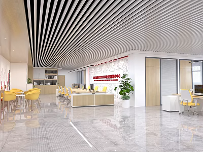 Modern Service Hall Interior With Striped Ceiling Reception Desk Yellow Chairs And Green Plants 3d model