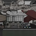 Industrial Café Interior With Concrete Ceiling Spiral Staircase And Unique Lighting Fixtures