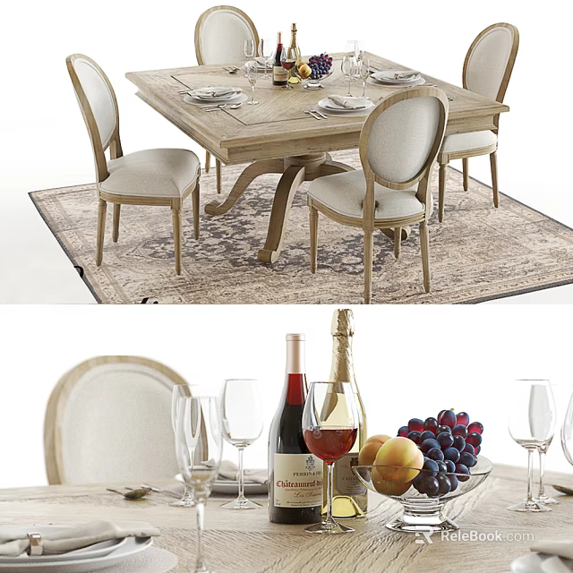 Wooden Dining Table Set With Upholstered Chairs Tableware Wine Bottles And Fruits On Decorative Rug 3d model 