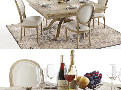Wooden Dining Table Set With Upholstered Chairs Tableware Wine Bottles And Fruits On Decorative Rug 3d model
