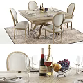 Wooden Dining Table Set With Upholstered Chairs Tableware Wine Bottles And Fruits On Decorative Rug