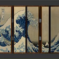 Traditional Japanese Folding Screen With Great Wave off Kanagawa Pattern And Wooden Frame