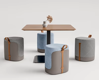 Modern Wooden Table With Gray And Blue Stools Featuring Leather Straps And Textured Design 3d model