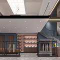 Stylish Clothing Store Interior Design With Blue Walls Clothing Racks Wooden Counter And Staircase