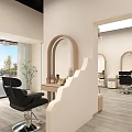 Modern Beauty Hair Salon Interior With Black Leather Chairs Marble Counter And Hanging Lights